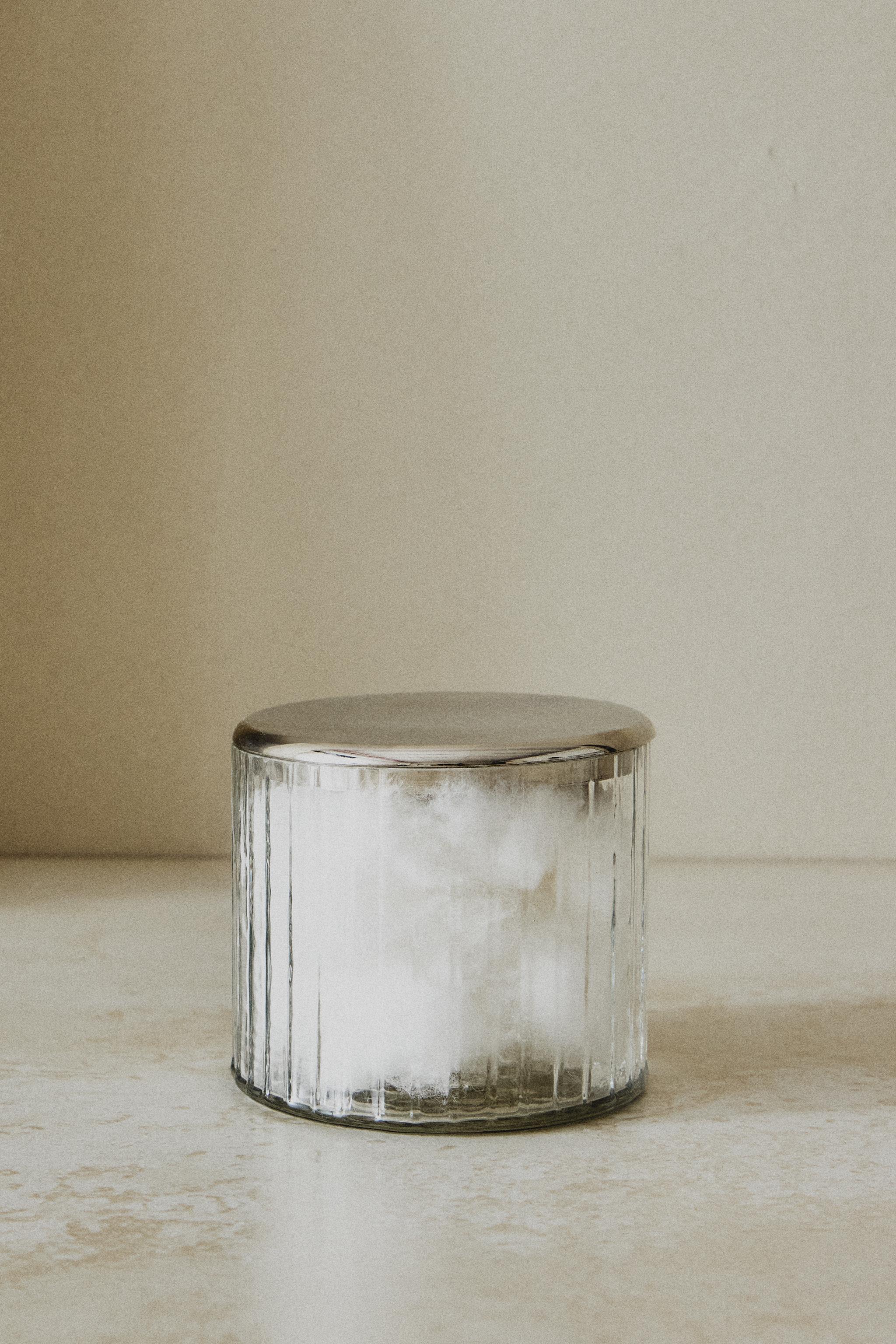 GLASS AND METAL BATHROOM JAR WITH RAISED DESIGN